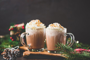Hot chocolate with whipped cream on black background surrounded with fir tree branches. Hot Christmas drink. Comfort food for winter holidays. Copy space for text