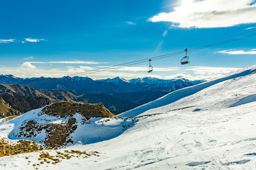 New Zealand mountain panorama and ski slopes as seen from Coronet Peak ski resort, Queenstown