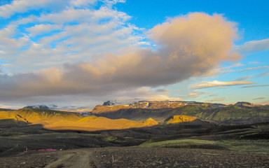 Epic sunset with and Myrdalsjokull landscape, Katla caldera, Botnar-Ermstur, Laugavegur Trail,...