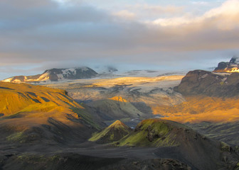 Stunning sunset with and Myrdalsjokull glacier, Katla caldera, Botnar-Ermstur, Laugavegur Trail, southern Iceland