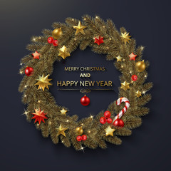Merry Christmas and Happy New Year greeting card with Christmas wreath.
