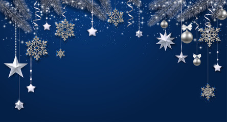 Blue shiny festive background with fir branches and Christmas decorations. - 234637418