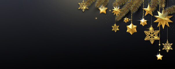 Black festive banner with fir branches, golden shiny snowflakes and stars.