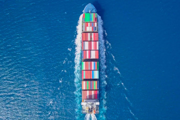 Aerial footage of a container ship at sea.