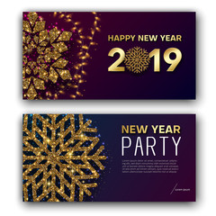 Happy New Year 2019 greeting card and party invitation card with golden snowflake.