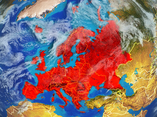 Europe from space on model of planet Earth with country borders. Extremely fine detail of planet...