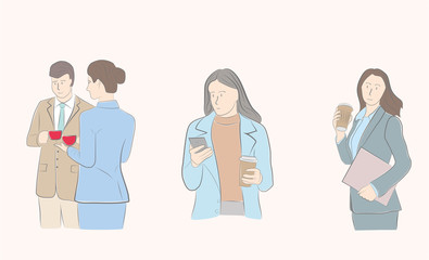 pictures of people drinking coffee. business people. coffee break. vector illustration.
