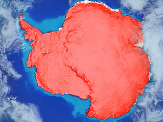 Antarctica from space on model of planet Earth with country borders. Extremely fine detail of planet surface and clouds.