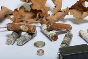 Spent batteries, coated with corrosion. Different shapes and sizes. They lie on a white background among the dead autumn leaves. Environmental protection, recycling.