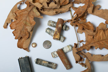 Spent batteries, coated with corrosion. Different shapes and sizes. They lie on a white background among the dead autumn leaves. Environmental protection, recycling.