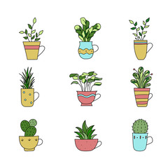 Set of hand drawn plants in cup. Cartoon hand drawning plants. Vector illustration in sketch doodle cute style. Colored icons