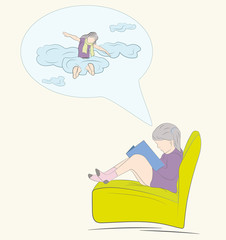 girl reading a book and dreams of sitting on the clouds. vector illustration.