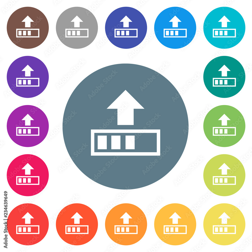 Poster upload in progress flat white icons on round color backgrounds