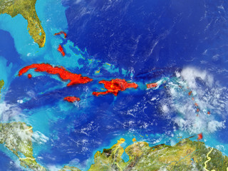 Caribbean from space on model of planet Earth with country borders. Extremely fine detail of planet surface and clouds.