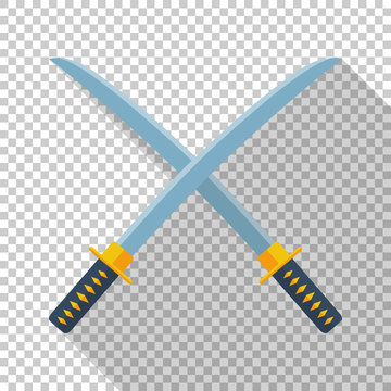 Japanese swords icon in flat style with long shadow on transparent background