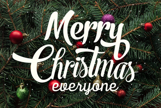 full frame of colorful christmas toys on green pine tree branches with "merry christmas everyone" lettering