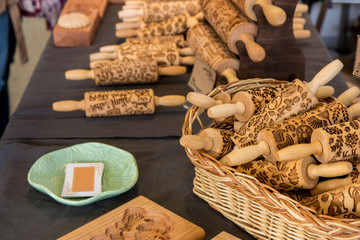 Traditional wooden rolling pins with texture of beautiful traditional pattern