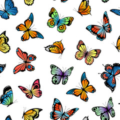 Vector decorative butterflies pattern or background illustration. Color insects fly