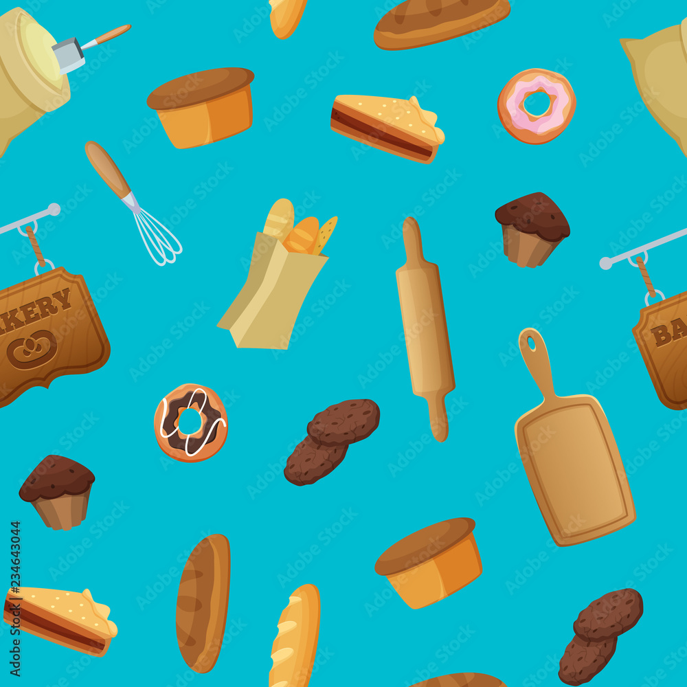 Poster vector cartoon bakery pattern or background illustration. colored background with bakery elements