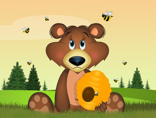 Obraz na płótnie Canvas illustration of brown bear and bees in the forest