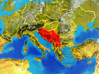 Former Yugoslavia from space on model of planet Earth with country borders. Extremely fine detail of planet surface and clouds.