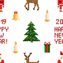 Colorful Pixel Pattern with Christmas Elements. Atcade games style