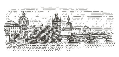 Prague panorama engraving style illustration. View of Charles Bridge. Vector, isolated (sky in separate layer).