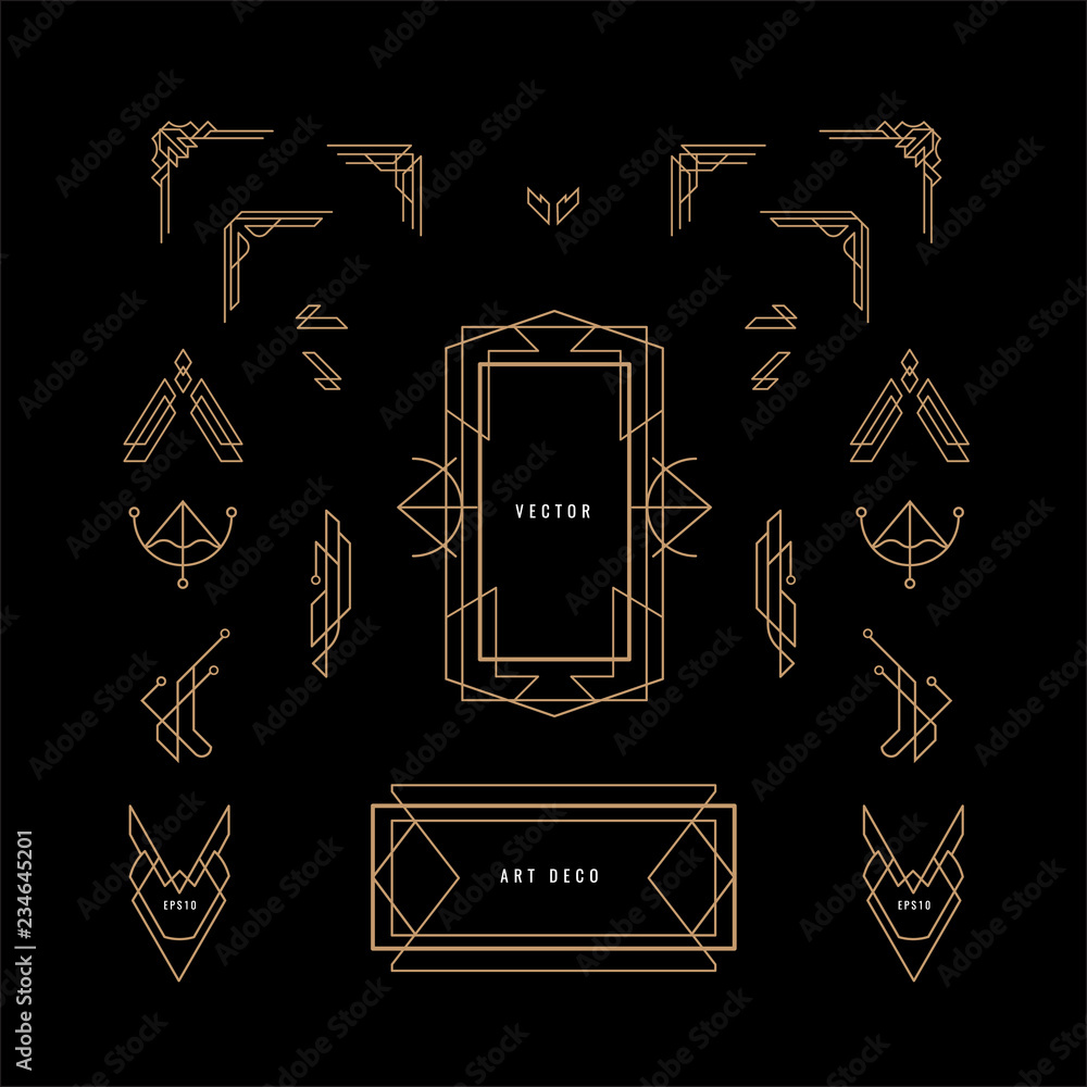 Wall mural set of art deco linear thin line geometric shape retro design elements with frame corner badge