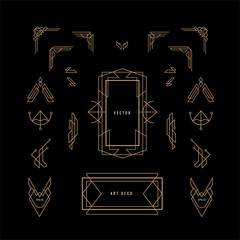 set of art deco linear thin line geometric shape retro design elements with frame corner badge © nimaxs