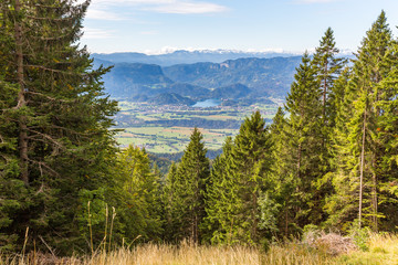 Bled lake town triglav mountains range landscape view.