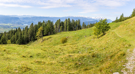 Fototapeta na wymiar Rural alpine green meadow mountains range landscape