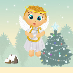 Fototapeta na wymiar little angel with harp at Christmas