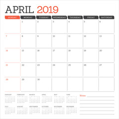 April 2019 desk calendar vector illustration
