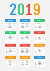 Vector 2019 new year calendar. Bright contrast design. The week starts on Monday.