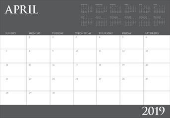 April 2019 desk calendar vector illustration