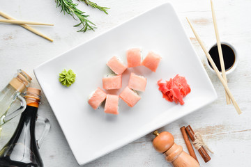 Set Sushi roll with fish and cheese. Chinese traditional dish. Top view. Free copy space.