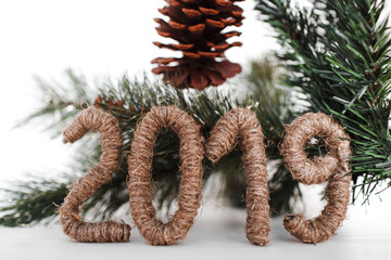 Christmas and happy new year decor with pine and 2019 numbers on white background