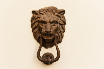 Türklopfer mit Löwenkopf und Ring an einer Haustür