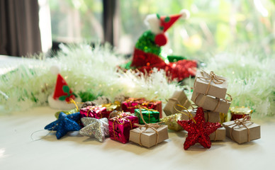 Colorful gift boxes, Christmas Cap and  Little Decoration  for Christmas and new year party.