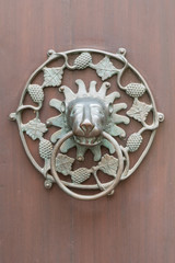 Türklopfer mit Löwenkopf und Ring an einer Haustür