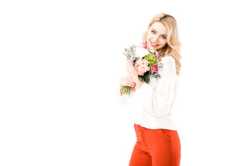 Happy attractive woman with bunch of flowers isolated on white
