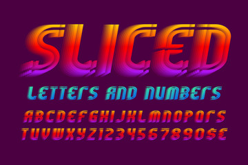 Sliced alphabet with numbers and currency signs. Colorful vibrant font. Isolated english alphabet.
