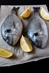 Fresh dorado fish on baking paper over dark surface, side view. Closeup.