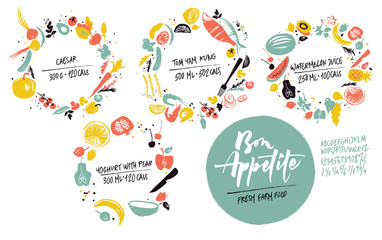 Set of food frames: sea food, vegetables and fruits. Healthy lifestyle eating. Farmers market