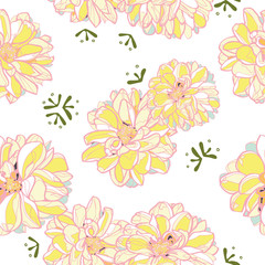 Japan inspired white seamless vector pattern with yellow dahlia and pink outline. Surface pattern design.