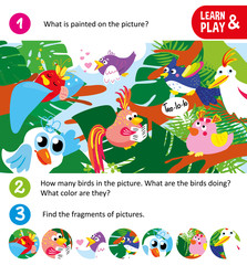 game for small children. Search fragments. Cartoon birds on trees doing different things. For childrens magazines. Memory train for kids. Learn and play. Educational vector illustration for babies.