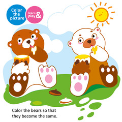 game for small children. Bear eats honey on a glade in summer. Color the picture. Coloring. For childrens magazines. Memory train for kids. Learn and play. Educational vector illustration for babies.