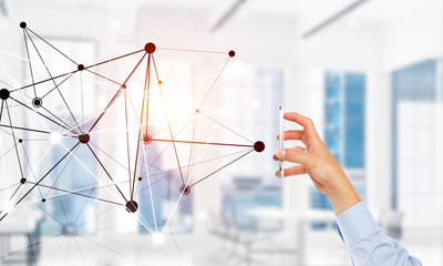 Business and technology concept with networking grid and man using device
