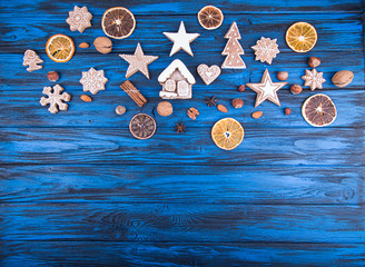Christmas New Year background with gingerbread cookies. Top view. Copy space.