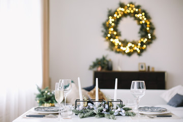 Serving a festive table. New year decorations. Christmas and  New Year concept